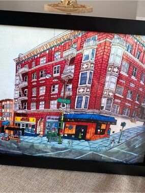 Framed Colorful Cityscape Art Print - Red Brick Building